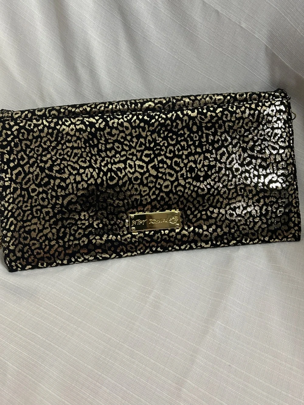 Betsey Johnson Gold on Black Velvet Leopard Print Chain Clutch with Stud Strap